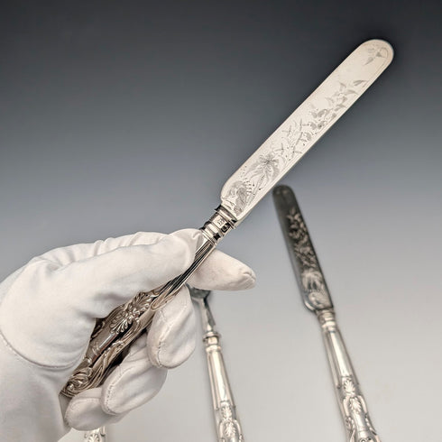 1836 British Antique Pure Silver Handle Dessert Cutlery, 2 Pairs, Charles Needham